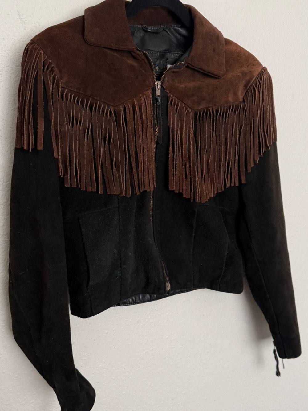 Vintage 70s Fringe Suede Leather Jacket Cropped Western Boho Brown Black - Picture 8 of 10
